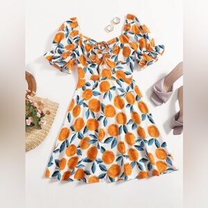 Womens Plus Size Curve Sweetheart Neck Puff Sleeves Citrus Print Dress Size 1XL